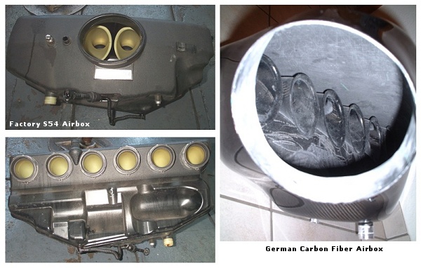 Comparison of stock S54 airbox to German CF airbox
